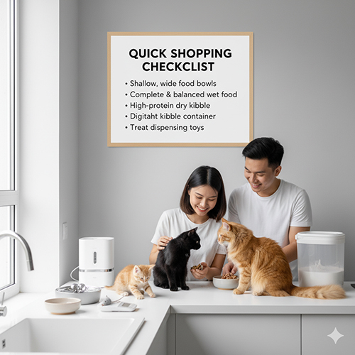 Cặp đôi chuẩn bị bữa cho ba mèo trong bếp; phía sau là bảng “Quick Shopping Checklist”, có đài phun nước và hộp đựng hạt kín — minh họa danh sách mua sắm dinh dưỡng cho mèo.