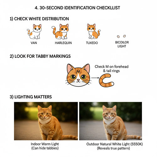 Checklist nhận diện mèo vàng trắng gồm tỉ lệ trắng vằn tabby và ánh sáng chụp