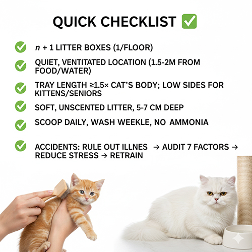 Checklist nhanh khay cát cho mèo giúp kiểm soát mùi và đi vệ sinh đúng chỗ