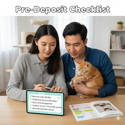 Checklist trước khi đặt cọc mua mèo: video thật 60–90s, sổ sức khỏe rõ, nguồn minh bạch, điều khoản bàn giao và bé đủ 8 tuần.