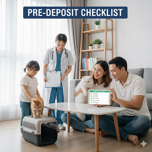 Gia đình cùng bác sĩ thú y kiểm tra sức khỏe mèo và danh sách cần chuẩn bị trước khi đặt cọc mua mèo cảnh