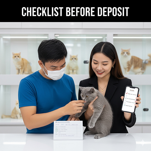 Người mua kiểm tra mèo Anh lông ngắn tại cửa hàng cùng nhân viên, cầm điện thoại hiển thị checklist và phiếu xác nhận đặt cọc