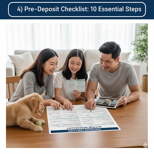 Gia đình cùng xem bảng checklist 10 bước trước khi đặt cọc mua chó, có chó con ngồi cạnh, minh họa cho phần “Checklist trước khi đặt cọc” trong hướng dẫn mua chó an toàn.