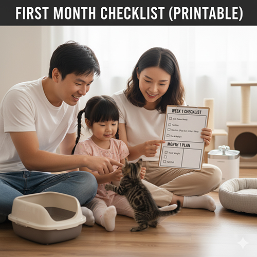 Checklist tuần đầu & tháng đầu cho mèo con (in/print) – theo dõi cân nặng, ăn uống, đi khay, chơi/groom và lịch tiêm tẩy