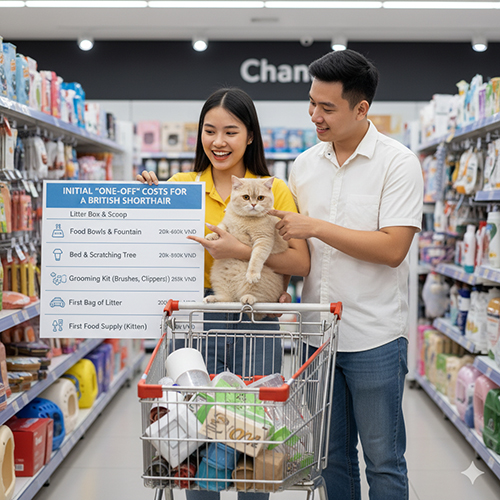 Cặp đôi đẩy xe hàng trong siêu thị cùng mèo Anh lông ngắn, minh họa cho chi phí ban đầu khi chuẩn bị đón mèo về nhà