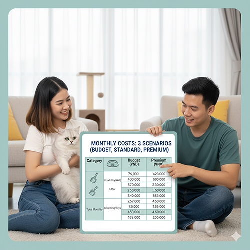 Cặp đôi ngồi trên sàn nhà cùng mèo Anh lông ngắn, cầm bảng hiển thị bảng chi phí nuôi mèo hàng tháng theo ba mức tiết kiệm, tiêu chuẩn và rộng rãi