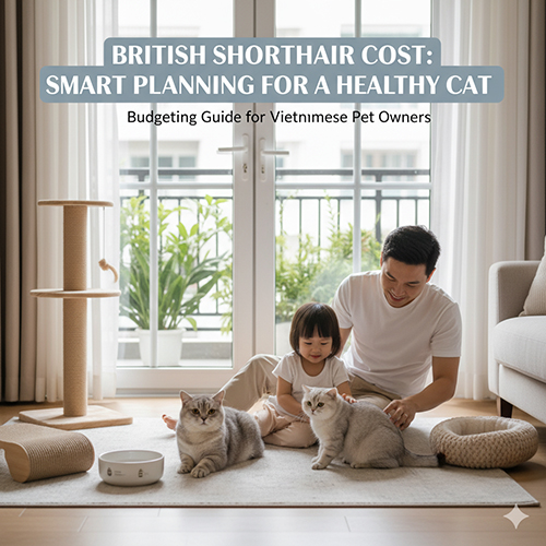 Người cha và bé gái chơi cùng hai chú mèo Anh lông ngắn trong phòng khách sáng sủa, minh họa cho việc tính toán chi phí nuôi mèo hợp lý