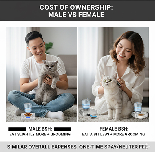 Chàng trai cho mèo Anh lông ngắn đực ăn và cô gái vuốt ve mèo cái bên cạnh đồ ăn, nước uống – minh họa so sánh chi phí nuôi giữa mèo đực và cái