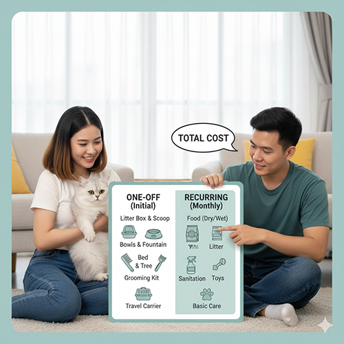 Cặp đôi ngồi trên sàn cùng mèo Anh lông ngắn, cầm bảng trình bày chi phí nuôi gồm mục mua ban đầu và chi phí hàng tháng