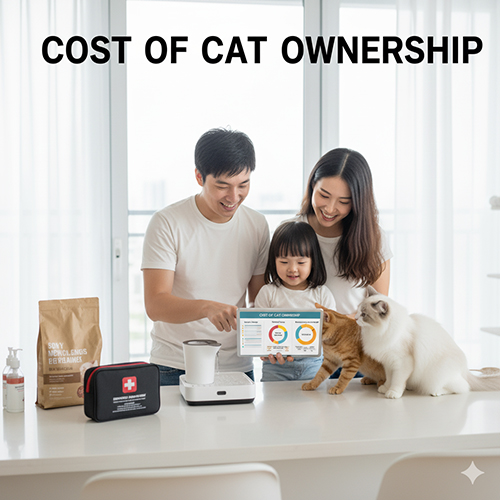 Gia đình trẻ cùng mèo cưng và các vật dụng chăm sóc như máy nước, túi y tế, thức ăn – minh họa cho chi phí nuôi mèo cảnh.