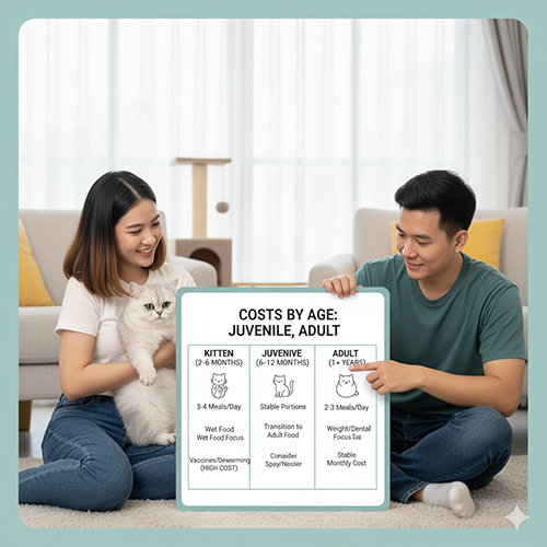 Cặp đôi ngồi trên sàn nhà cùng mèo Anh lông ngắn, cầm bảng thể hiện chi phí nuôi theo độ tuổi từ mèo con đến mèo trưởng thành