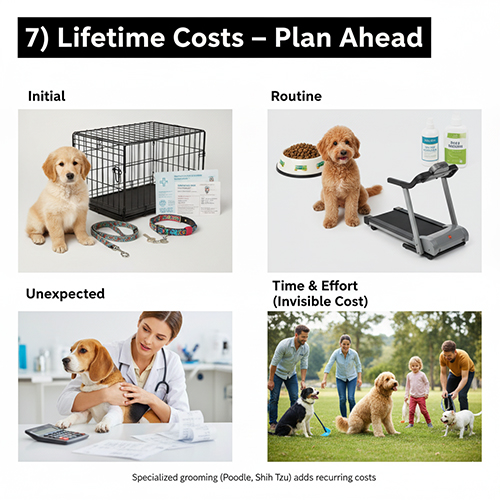 Ảnh minh họa 4 ô về chi phí nuôi chó trọn đời: khởi điểm (lồng, dây dắt, chip/tiêm), định kỳ (thức ăn, grooming), bất thường (khám bệnh), và “thời gian & công sức” dắt–chơi–huấn luyện.