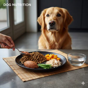 Bữa ăn cân bằng cho chó gồm hạt, thịt, rau củ và nước uống đầy đủ dinh dưỡng