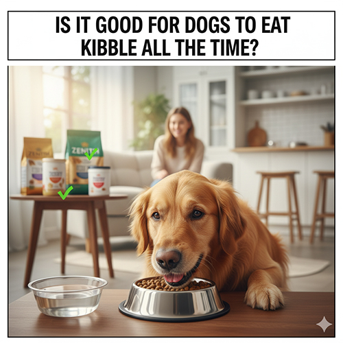 Chó Golden ăn hạt khô trong bát inox, phía sau là cô chủ và các túi hạt Zenith, Royal Canin, SmartHeart đặt trên bàn cùng ly nước.