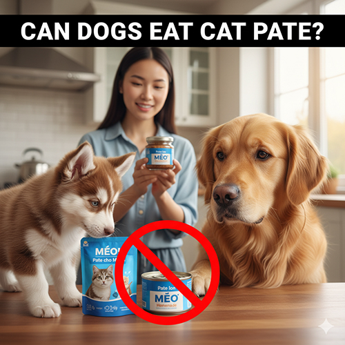 Cô gái cầm lọ pate mèo, bên cạnh là chó Golden và chó con Husky đang nhìn, phía trước có biểu tượng cấm màu đỏ trên lon pate mèo.