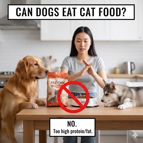 Cô gái cầm lọ pate mèo, cạnh là chó Golden và chó con Husky nhìn lon pate bị khoanh tròn đỏ cảnh báo không nên dùng.