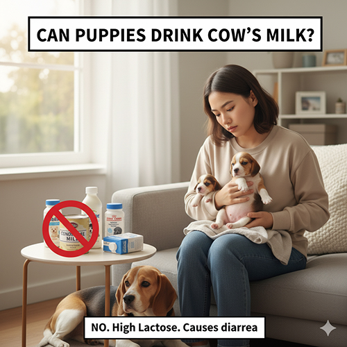 Cô gái bế hai chó con trên ghế sofa, cạnh đó là chó mẹ; trên bàn có sữa bò và sữa đặc bị gạch đỏ biểu tượng cấm, cùng hộp sữa Esbilac.