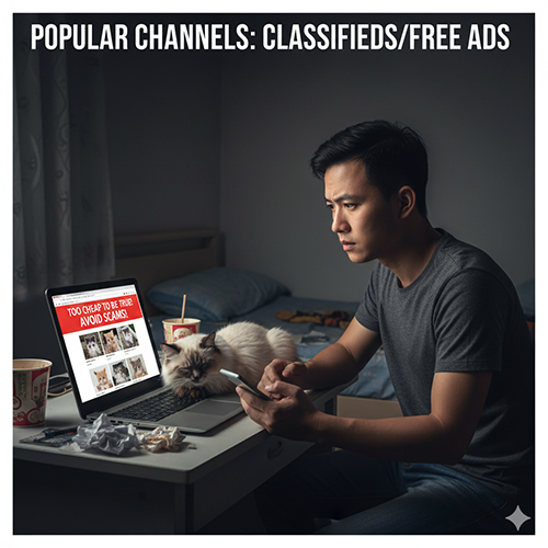 Người đàn ông xem tin rao bán mèo trên laptop buổi tối cùng mèo nằm cạnh, minh họa rủi ro khi mua mèo qua chợ rao vặt