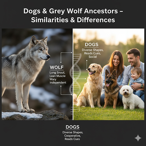 So sánh giữa sói xám hoang dã và chó nhà đa dạng giống.