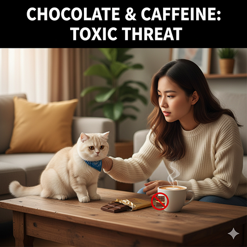 Mèo Anh lông ngắn ngồi cạnh thanh chocolate và cốc cà phê có biểu tượng cấm, trong khi chủ đang trông chừng cẩn thận.