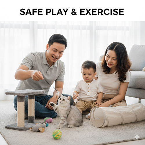 Gia đình chơi cùng mèo Anh lông ngắn con bằng cần câu lông và bóng nhỏ trong phòng khách sáng sủa
