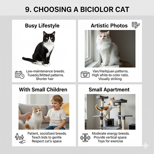 Gợi ý chọn mèo bicolor theo lối sống gu thẩm mỹ gia đình có trẻ nhỏ và căn hộ nhỏ
