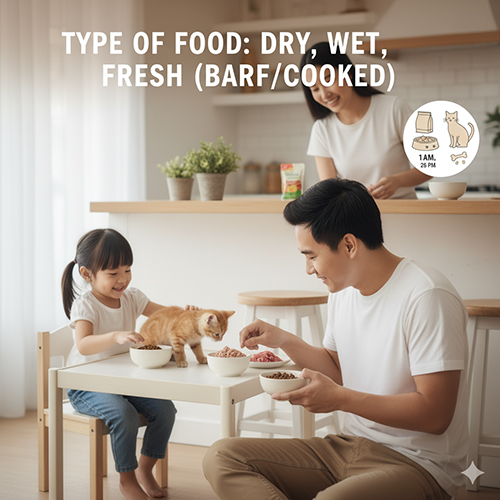 Gia đình cho mèo ăn trên bàn nhỏ với nhiều loại thức ăn khác nhau, biểu tượng minh họa hạt, pate và thịt tươi, thể hiện lựa chọn khẩu phần phù hợp cho mèo.