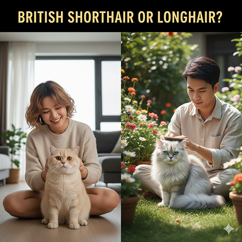 Hai người trẻ ngồi cùng mèo Anh lông ngắn và mèo Anh lông dài trong không gian sáng và vườn hoa, thể hiện sự khác biệt giữa hai dòng mèo Anh