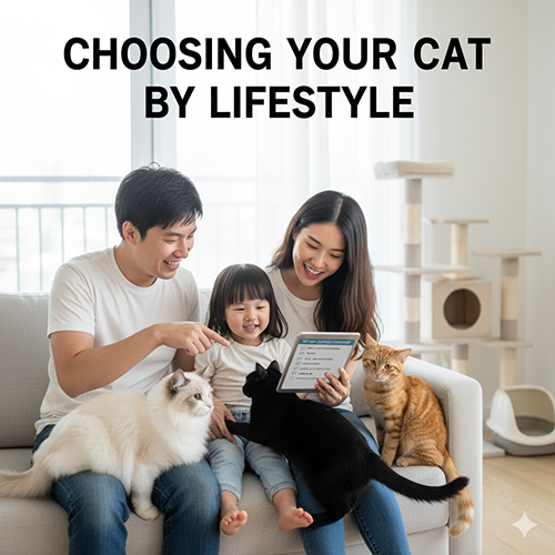 Gia đình trẻ cùng ba chú mèo trên ghế sofa, minh họa cách chọn mèo cảnh phù hợp với lối sống và không gian sống.