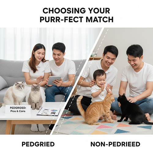 Hai gia đình vui đùa cùng mèo, minh họa sự lựa chọn giữa mèo có phả hệ và mèo không phả hệ phù hợp với lối sống.