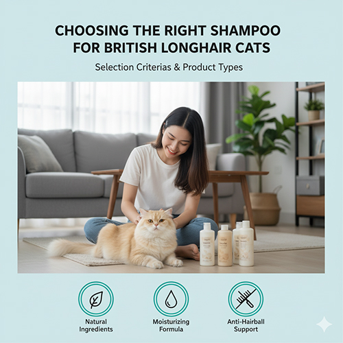 Cô gái ngồi cạnh mèo Anh lông dài và các chai sữa tắm dành cho mèo, minh họa cách chọn sản phẩm phù hợp.