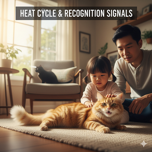 Bé gái và cha vuốt ve mèo cái màu cam đang nằm trên thảm, minh họa hành vi trong giai đoạn động dục của mèo