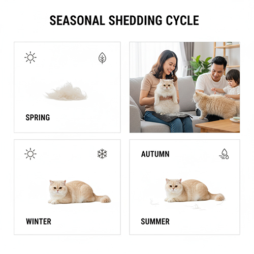 Gia đình chăm sóc mèo Anh lông dài qua bốn mùa xuân, hạ, thu, đông, minh họa chu kỳ thay lông tự nhiên theo thời tiết.