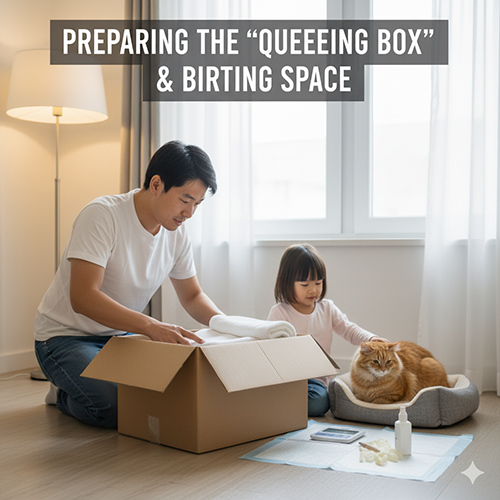 Người cha và bé gái chuẩn bị hộp đẻ cho mèo trong căn phòng ấm áp, minh họa không gian sinh sản an toàn cho mèo mẹ