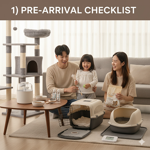 Checklist chuẩn bị đón mèo mới: bát ăn, máy nước, cát vệ sinh, trụ cào, đồ chơi, box vận chuyển và dụng cụ grooming cơ bản.