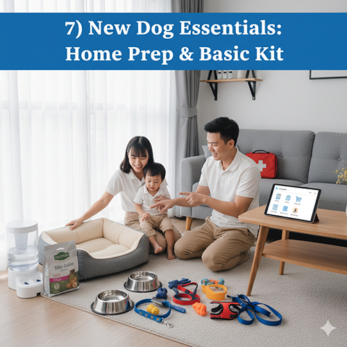 Gia đình chuẩn bị giường, bát ăn, dây dắt và phụ kiện cho chó con trong phòng khách, minh họa phần “Chuẩn bị nhà đón chó và bộ đồ cơ bản”.