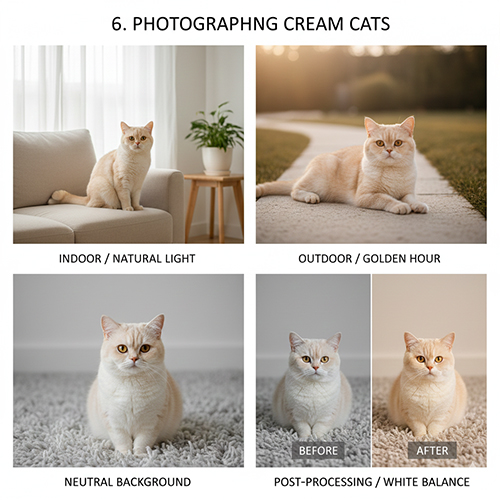 Chụp ảnh mèo màu kem trong nhà và ngoài trời với ánh sáng tự nhiên để giữ đúng tông be sữa