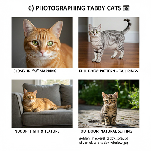Hướng dẫn chụp ảnh mèo mướp làm rõ hoa văn tabby, dấu M trên trán và pattern toàn thân