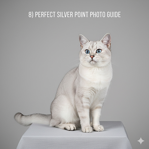 Mèo Silver Point chụp studio nền xám, ánh sáng daylight làm nổi thân bạc và mask point