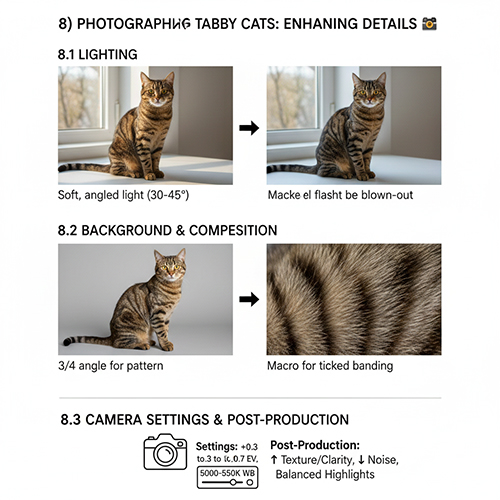 Hướng dẫn chụp ảnh mèo tabby với ánh sáng xiên nền trung tính và bố cục giúp vằn lông rõ nét