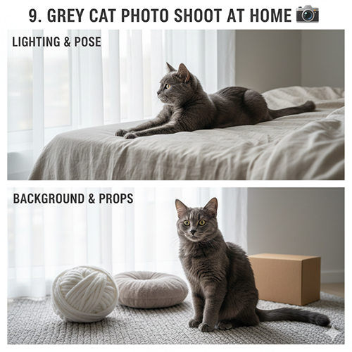 Chụp ảnh mèo xám tại nhà với ánh sáng cửa sổ, nền đơn giản và đạo cụ tối giản