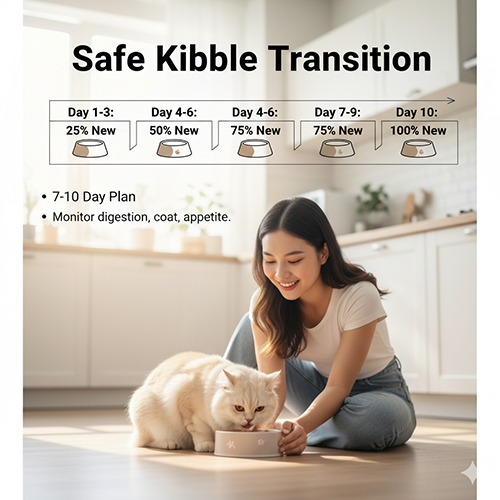 Cô gái cho mèo Anh lông ngắn ăn trong bếp, minh họa quy trình thay đổi hạt 7–10 ngày an toàn