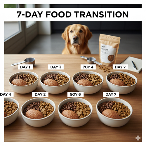 Quá trình chuyển đổi thức ăn cho chó trong 7 ngày với tỉ lệ thức ăn mới tăng dần qua từng bát