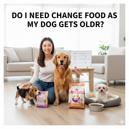 Cô gái ngồi cùng ba chú chó ở các độ tuổi khác nhau, trước mặt là các bao thức ăn Royal Canin và hạt cho chó con và chó già.