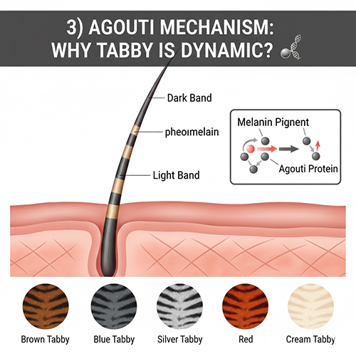 Sơ đồ cơ chế agouti trên sợi lông mèo tabby với các dải màu sáng tối xen kẽ