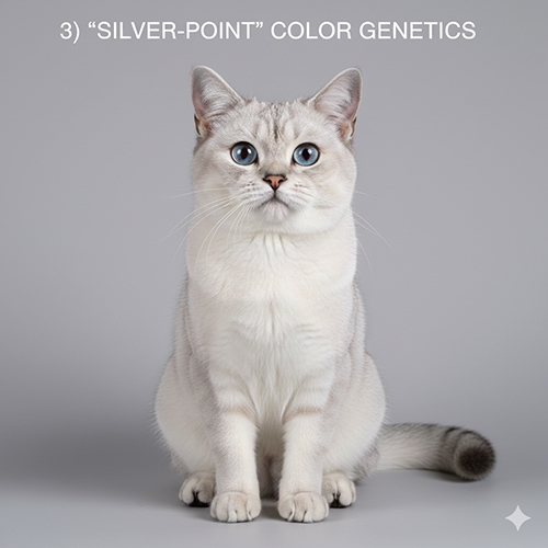 Mèo Silver Point mắt xanh với thân sáng bạc và bốn điểm đậm, minh họa cơ chế di truyền màu lông