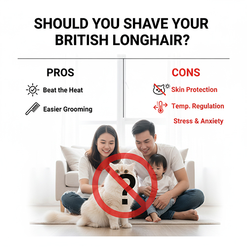 Có nên cạo lông mèo Anh lông dài không – Hình ảnh gia đình chăm sóc mèo British Longhair trắng với biểu tượng “cấm cạo lông”, minh họa ưu và nhược điểm của việc cạo lông.