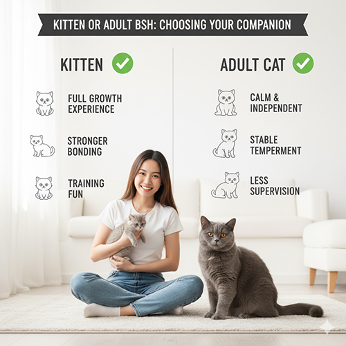 Cô gái ngồi cạnh mèo Anh lông ngắn trưởng thành, chỉ vào bảng câu hỏi nhanh về tuổi, cân nặng, tính cách và giá của mèo British Shorthair
