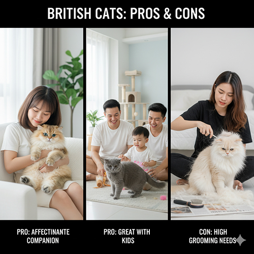 Ba khung hình minh họa ưu và nhược điểm khi nuôi mèo Anh: mèo thân thiện, hợp với trẻ em nhưng cần chải lông thường xuyên