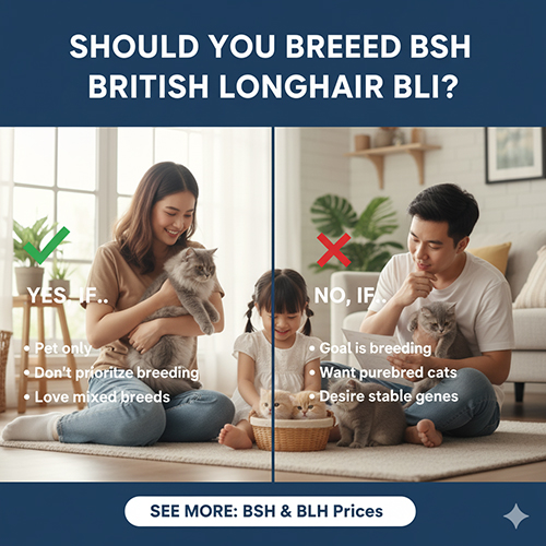 Gia đình vui vẻ bên mèo Anh lông ngắn và mèo Anh lông dài, minh họa cho quyết định có nên phối hai dòng British Shorthair và British Longhair hay không